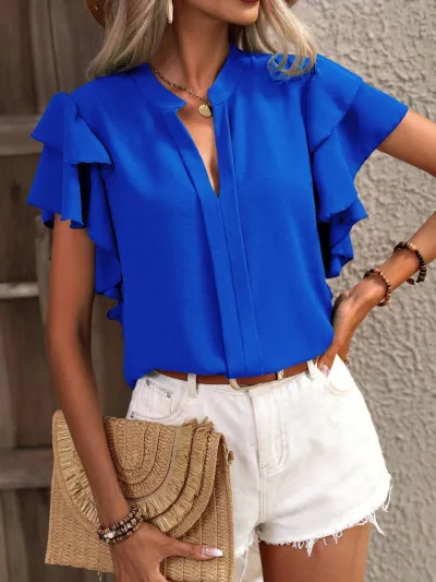 Women Casual Solid Color Summer V-Neck Double-Layer Lotus Leaf Sleeve Blouses