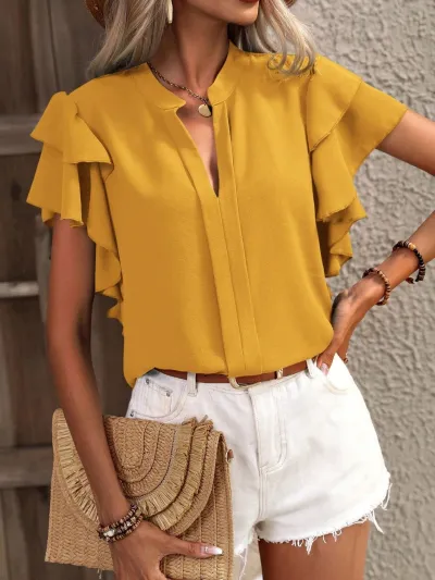Women Casual Solid Color Summer V-Neck Double-Layer Lotus Leaf Sleeve Blouses