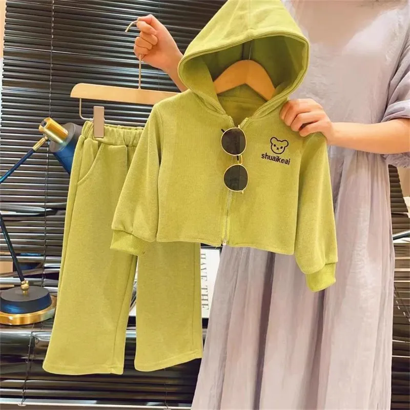 Kids Toddler Girls Casual Cute Cartoon Letters Long Sleeve Zipper Hoodies Trousers Set