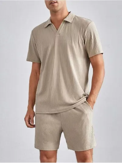 Men Fashion Casual Stripe Short Sleeve Lapel Polo Shirt Shorts Set