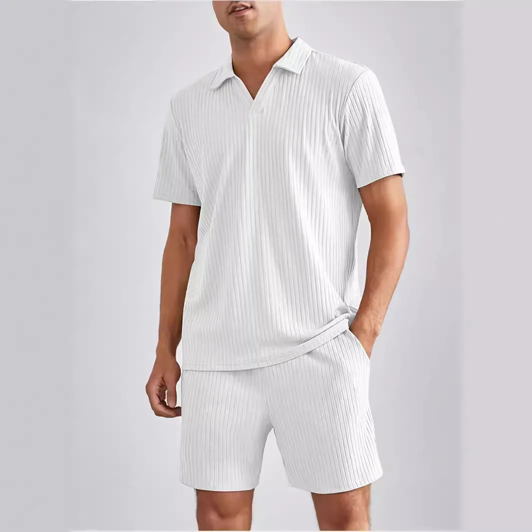 Men Fashion Casual Stripe Short Sleeve Lapel Polo Shirt Shorts Set