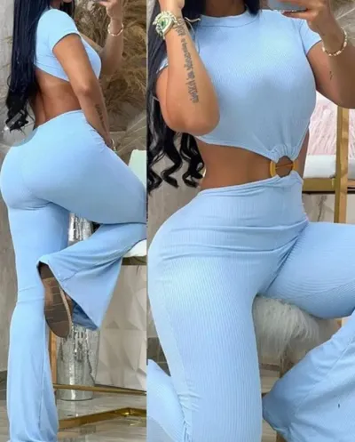 Women Fashion Sexy Round Neck Short Sleeve Backless Hollow Slim Hip Jumpsuits