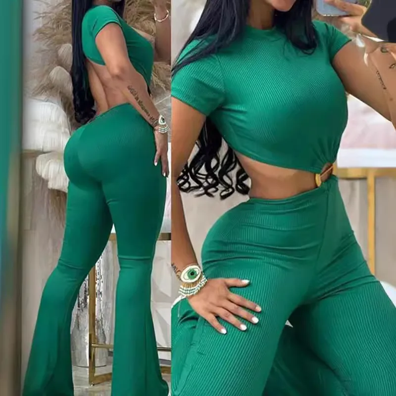 Women Fashion Sexy Round Neck Short Sleeve Backless Hollow Slim Hip Jumpsuits