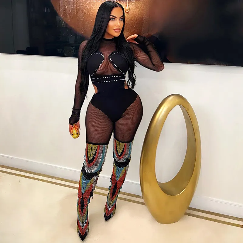 Summer Women Fashion Mesh Stitching Hot Drilling Tight Hip Jumpsuits