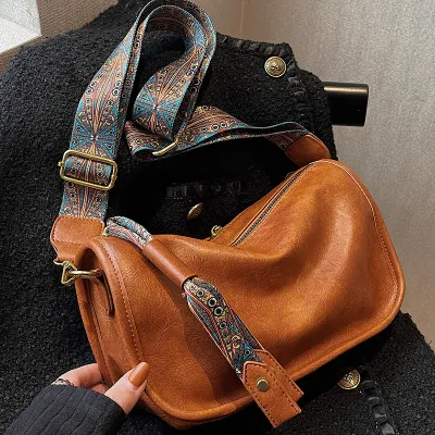 Women Ethnic Wide Strap Shoulder Bag Street Trend PU Medium