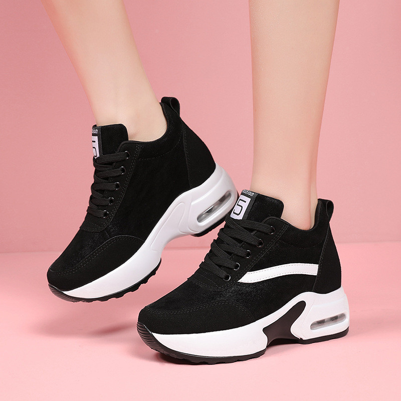 Women Fashion Casual Plus Size Thick-Soled Lace-Up Frosted Height  Increasing Sneakers