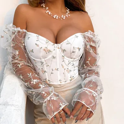 Women Embroidery Floral Perspective Mesh Lace-Up Long Sleeve Top