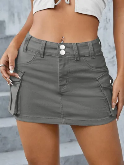 Women's Denim Low Waist Multi-Pocket Street Hipster Skirt