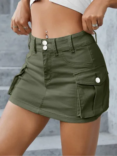 Women's Denim Low Waist Multi-Pocket Street Hipster Skirt