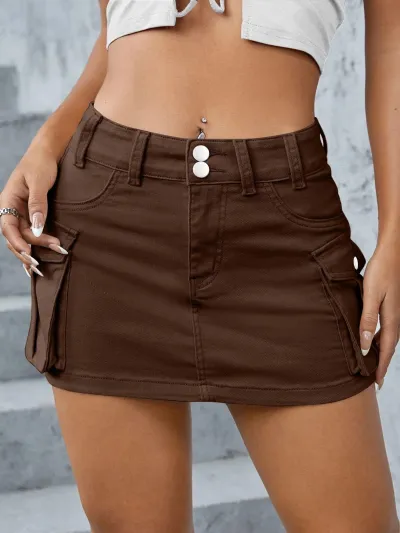 Women's Denim Low Waist Multi-Pocket Street Hipster Skirt