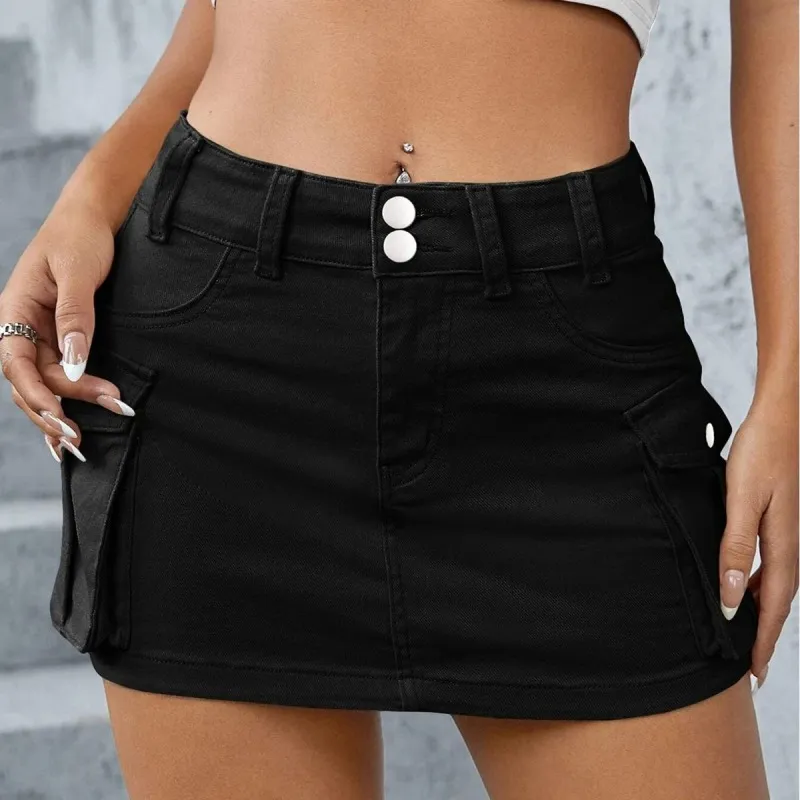 Women's Denim Low Waist Multi-Pocket Street Hipster Skirt