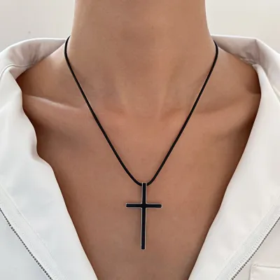 Women Fashion Simple Leather Rope Chain Oil Dropping Cross Pendant Necklace