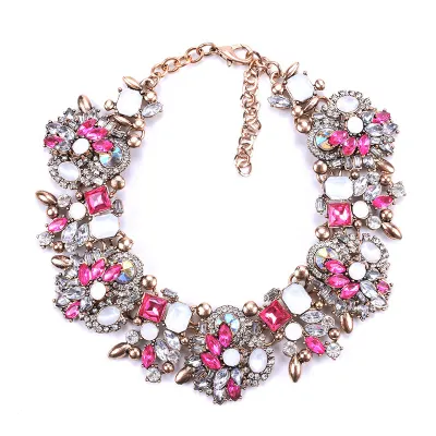 Women Fashion Exaggerated Rhinestone Flower Ball Chain Necklace