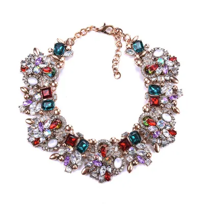 Women Fashion Exaggerated Rhinestone Flower Ball Chain Necklace