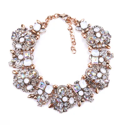 Women Fashion Exaggerated Rhinestone Flower Ball Chain Necklace