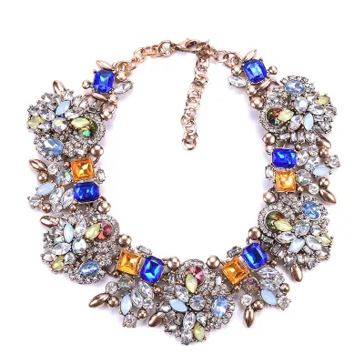 Women Fashion Exaggerated Rhinestone Flower Ball Chain Necklace