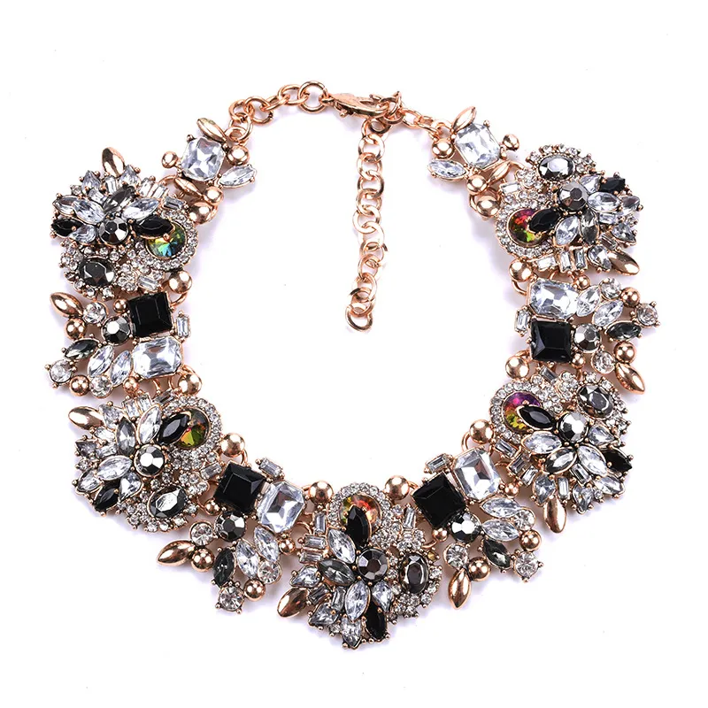 Women Fashion Exaggerated Rhinestone Flower Ball Chain Necklace