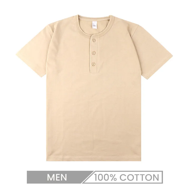 250gsm Heavy 100% Cotton Henry Crew Collar Short Sleeve Solid Color Men T-Shirt Custom