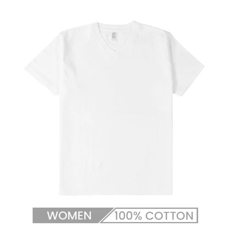 Women 250gsm Summer Short Sleeve V Neck 100% Cotton White T-Shirt