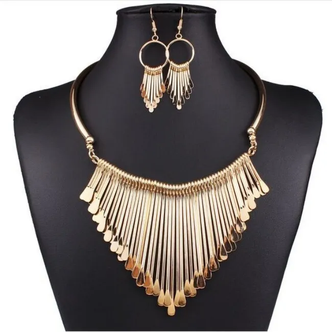 Exaggerated Fashion Temperament Multi-Layer Tassel Necklace Earrings Jewelry Set