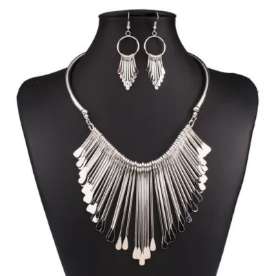 Exaggerated Fashion Temperament Multi-Layer Tassel Necklace Earrings Jewelry Set