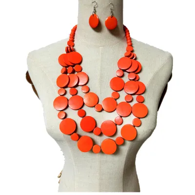 Bohemian Ethnic Style Multicolor Wood Chip Multi-Layer Tassel Necklace Earrings Set