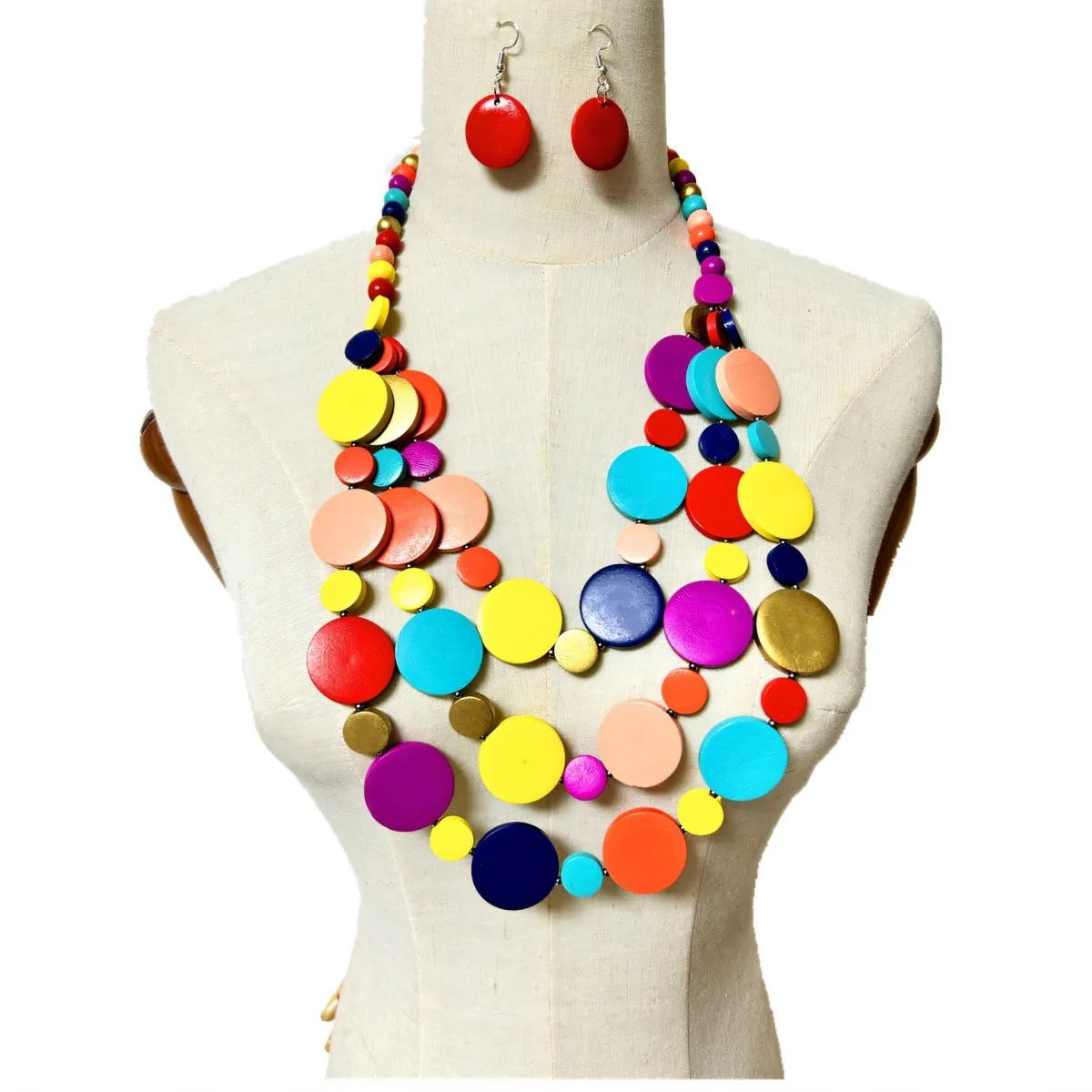 Bohemian Ethnic Style Multicolor Wood Chip Multi-Layer Tassel Necklace Earrings Set