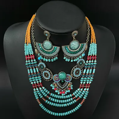 Bohemian Bead String Owl Earrings Necklace Jewelry Suit with Chopin Chain Zinc Alloy Personality Trend