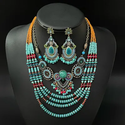 Bohemian Bead String Owl Earrings Necklace Jewelry Suit with Chopin Chain Zinc Alloy Personality Trend