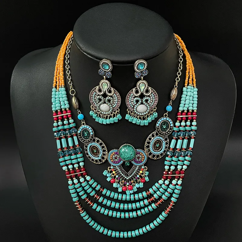 Bohemian Bead String Owl Earrings Necklace Jewelry Suit with Chopin Chain Zinc Alloy Personality Trend