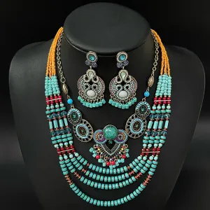 Bohemian Bead String Owl Earrings Necklace Jewelry Suit with Chopin Chain Zinc Alloy Personality Trend