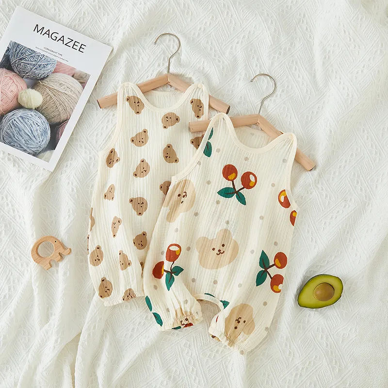 Kids Baby Boys Girls Summer Cute Cartoon Print Sleeveless Cotton Romper Pullover