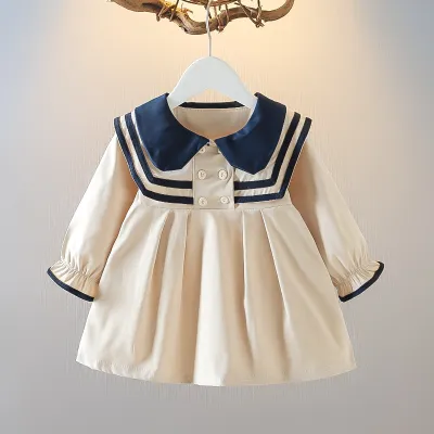 Kids Baby Girls Spring Autumn Casual Cute Preppy Stripe Long Sleeve Peter Pan Collar A-Line Princess Dress