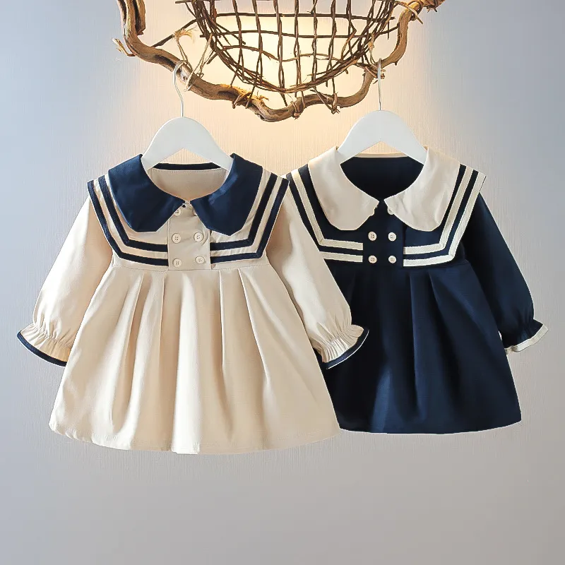 Kids Baby Girls Spring Autumn Casual Cute Preppy Stripe Long Sleeve Peter Pan Collar A-Line Princess Dress
