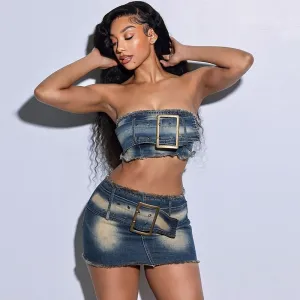 Women's Denim Strapless Top and Skirt Two-Piece Set - Sexy Casual Style