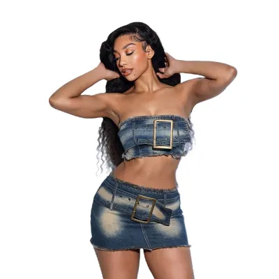 Women's Denim Strapless Top and Skirt Two-Piece Set - Sexy Casual Style
