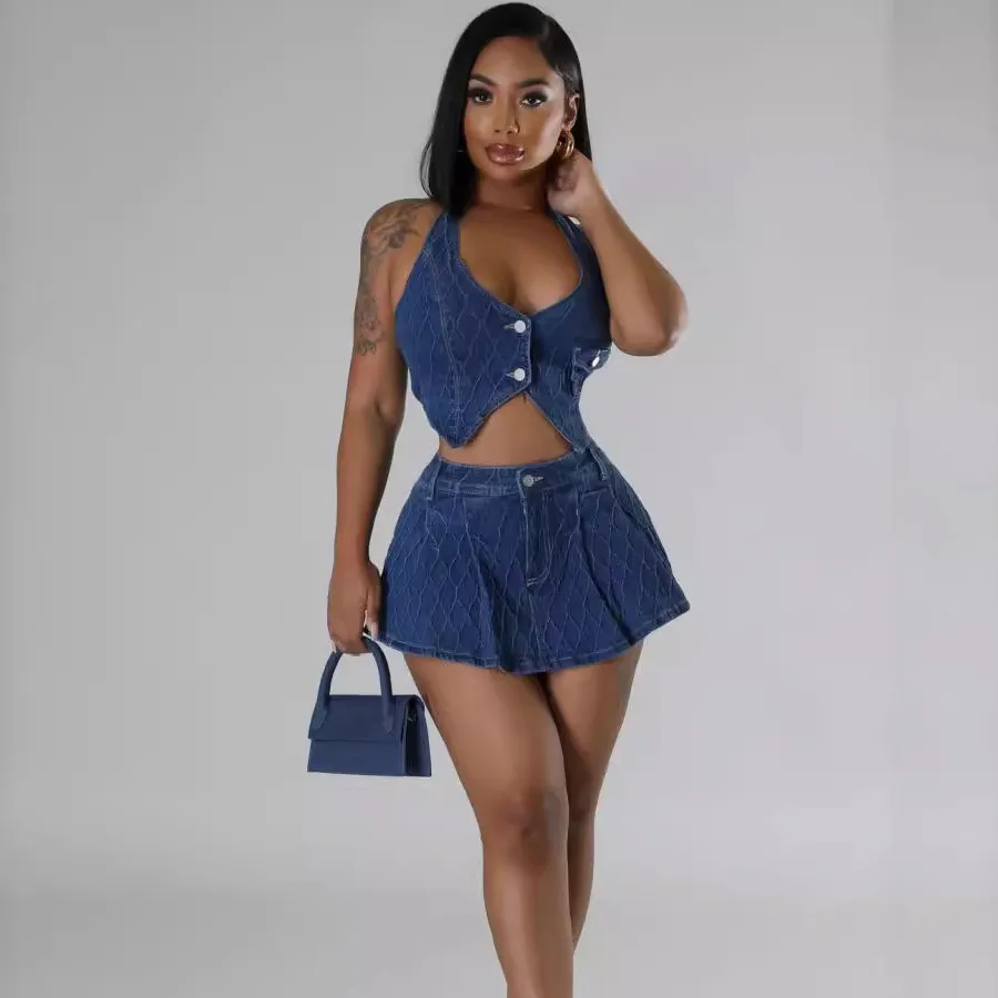 Women Fashion Sexy Denim Halter Neck Crop Top Bermuda Shorts Two-Piece Set
