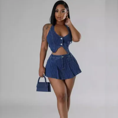 Women Fashion Sexy Denim Halter Neck Crop Top Bermuda Shorts Two-Piece Set