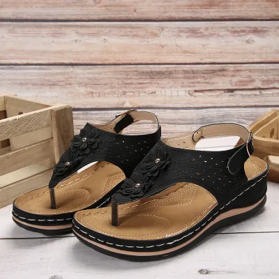 Women Summer Plus Size Flower Round Peep Toe Thong Sandals PU Rubber