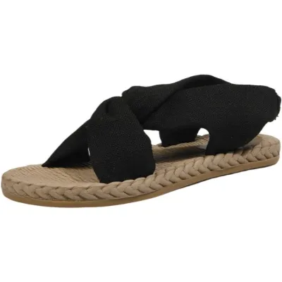 Summer Women Casual Solid Color Plus Size Crossover Strap Flat Roman Sandals