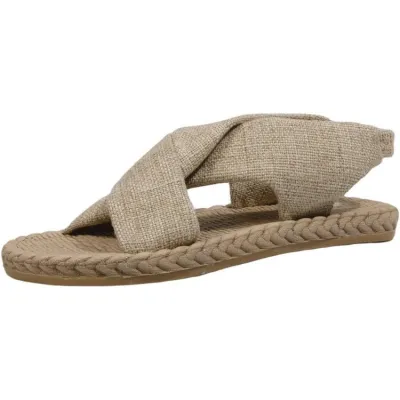 Summer Women Casual Solid Color Plus Size Crossover Strap Flat Roman Sandals