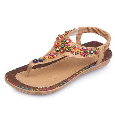 Summer Women Casual Plus Size Rice Bead Decorative Round Toe Flat Thong Sandals