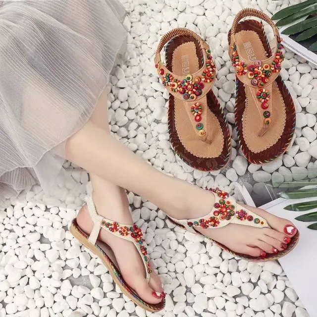 Summer Women Casual Plus Size Rice Bead Decorative Round Toe Flat Thong Sandals