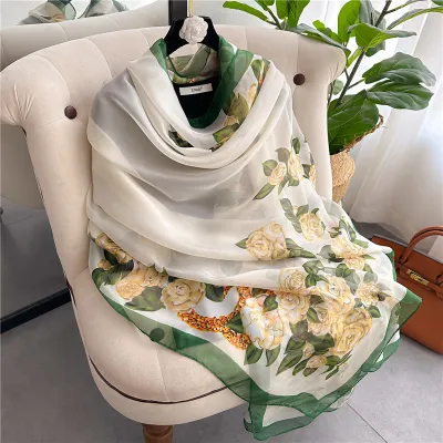 Women's Fashion Scarf With Geometric Leaves Print, Simulation Silk, Medium Length