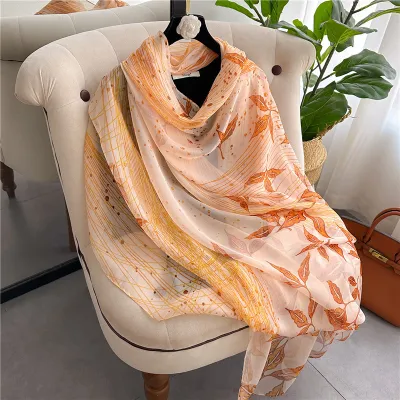 Women's Fashion Scarf With Geometric Leaves Print, Simulation Silk, Medium Length