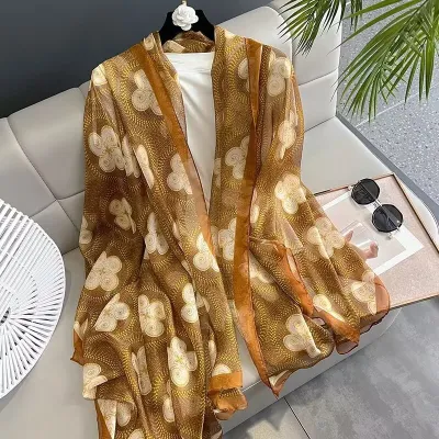 Women's Fashion Scarf With Geometric Leaves Print, Simulation Silk, Medium Length