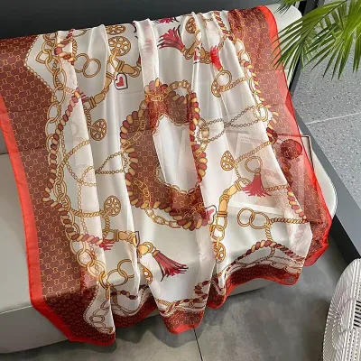 Women's Fashion Scarf With Geometric Leaves Print, Simulation Silk, Medium Length