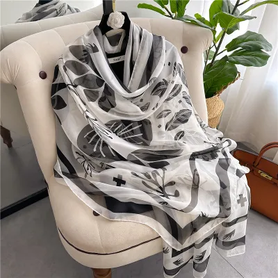 Women's Fashion Scarf With Geometric Leaves Print, Simulation Silk, Medium Length