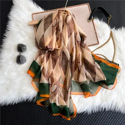 Women's Fashion Scarf With Geometric Leaves Print, Simulation Silk, Medium Length