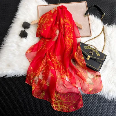 Women's Fashion Scarf With Geometric Leaves Print, Simulation Silk, Medium Length